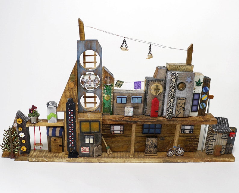 Wood Wall Art Decor Mixed Media Houses Art Zip Line Etsy