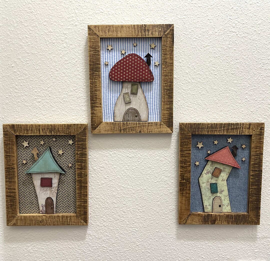 Whimsical Houses Frame, House Wall Decor, Cottage Mixed Media House in