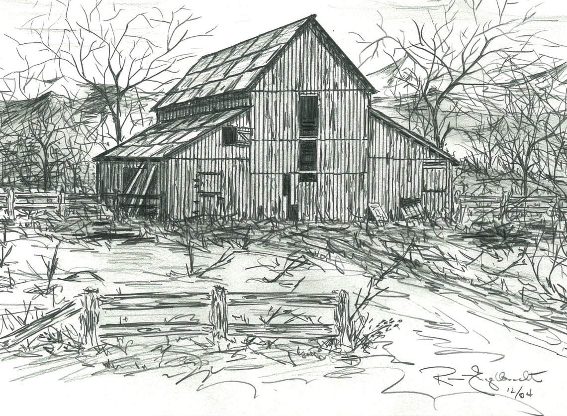 Pencil Sketches of Old Barns. Drawings of Old Barns. Note Cards and