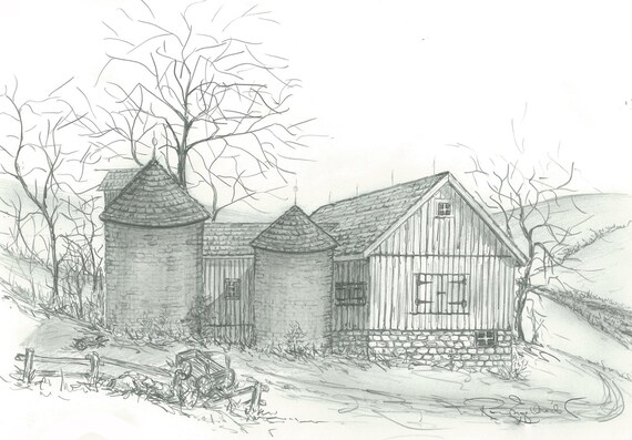 Pencil Sketches Of Old Barns Drawings Of Old Barns Note Etsy