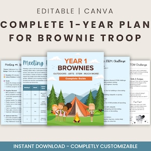 Può includere: Un piano completo di 1 anno per la truppa Brownie, con una guida con il testo "Year 1 Brownies" e "Complete Guide". La guida include attività all'aperto, arte, STEM e altro ancora. L'immagine include anche schemi di riunioni e guide alle sfide STEM.