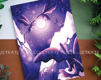 Night Dragon Art Print - Fantasy Magical Animal Artwork - Celestial Illustration Wall Art - DND TTRPG Imaginary Cute - 5 x 7" inches or A4