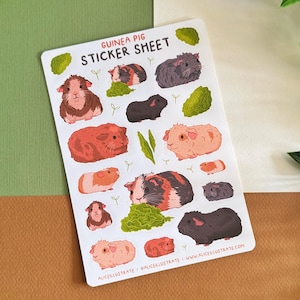 May include: A sticker sheet featuring various illustrations of guinea pigs in different poses and colors. The sheet is titled "Guinea Pig Sticker Sheet" and includes the artist's website and social media handles.