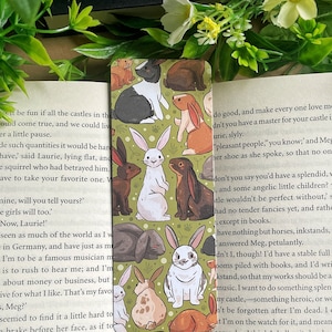 Peut inclure: Un marque-page illustrant des lapins colorés avec des feuilles vertes. Le marque-page contient une citation du livre "Les Quatre Filles du Docteur March" de Louisa May Alcott. La citation est : "J'ai fait tellement de choses que j'aurais du mal à savoir lesquelles je prendrais."