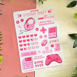 Feuille d'autocollants de jeu - Stickers Game Tracker Kawaii Gamer - Sticker jeux rétro cosy Scrapbook Bullet Journal agenda - ROSE