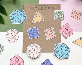 Pastel Dice Sticker Pack - DnD Gaming Dungeons and Dragons Stickers Polyhedral Dice - Die Cut Kawaii Gift Bullet Journal & Laptop Diary