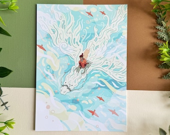 Cloud Dragon Art Print - Fantasy Magical Animal Nature Sky Flight Artwork - Illustration Wall Art - DND TTRPG Cute - 5 x 7" inches or A4