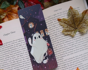 Marcador de fantasmas de Halloween - Marcador de ilustración estética de otoño embrujado lindo espeluznante - Cosecha Kawaii, Acogedor, Libros, Lectura, Papelería