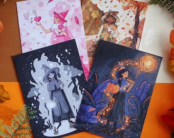 Witch Postcards - Halloween Fantasy Art Prints - Spooky Season Magical Artwork Collection - Illustration Wall Art Imaginary Cute 4 Postcards