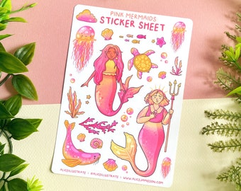 Mermaid Sticker Sheet | Ocean Fantasy Magical Kawaii Stickers | Pink Cute Sticker for Scrapbook, Bullet Journal, Diary, Planner etc