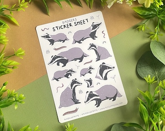 Dachs Sticker Bogen - Kawaii Tier Natur Aufkleber Illustration - Wildlife Bujo Scrapbook Matte - Bullet Journal Tagebuch Dekor Cottagecore