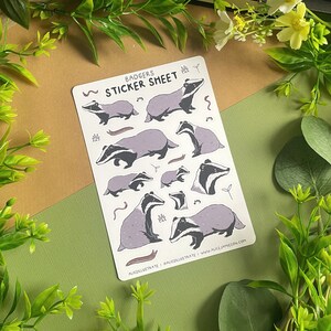 Hoja de pegatinas de tejón - Ilustración de pegatinas de animales kawaii - Mate para álbum de recortes de vida silvestre - Decoración de diario Bullet Journal Cottagecore