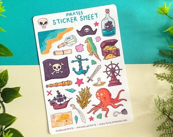 May include: A sticker sheet with a pirate theme. The sheet features various illustrations, including a skull, treasure chest, pirate ship, parrot, and anchor. The text "PIRATES STICKER SHEET" is at the top.