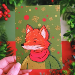 Impression d'art de Noël - impression carte postale A6 renard - décoration animal fantastique des fêtes de fin d'année - impression murale illustration esthétique hiver mignon