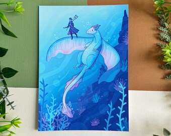 Sea Dragon Art Print - Fantasy Magical Animal Nature Ocean Artwork - Illustration Wall Art - DND TTRPG Imaginary Cute - 5 x 7" inches or A4