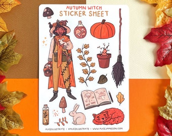 Herbst Hexe Aufkleber Bogen - Halloween Fall Aesthetic Nature Vibes Charakter - Kawaii Aufkleber Illustration - Bujo Scrapbook Tagebuch Journal
