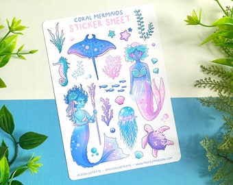 Mermaid Sticker Sheet | Ocean Fantasy Magical Kawaii Stickers | Coral Blue Cute Sticker for Scrapbook, Bullet Journal, Diary, Planner etc