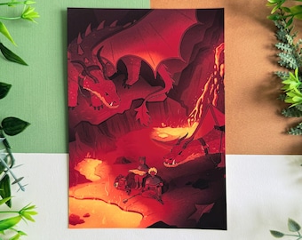 Fire Dragon Art Print - Fantasy Magical Animal Artwork - Illustration Wall Art - DND TTRPG Imaginary Cute - 5 x 7" inches or A4