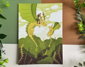 Forest Dragon Art Print - Fantasy Magical Animal Nature Artwork - Illustration Wall Art - DND TTRPG Imaginary Cute - 5 x 7" inches or A4