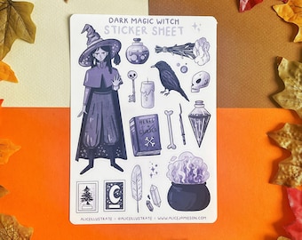 May include: A sticker sheet with a dark magic witch theme. The sheet features a witch with a pointed hat, a cauldron, a raven, a book of hexes and curses, a feather, a crystal, a potion bottle, a skull, a key, a candle, and a wand. The sticker sheet is on a white background with a light brown border.