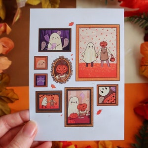 Halloween Art Print - A6 Postkarten Druck Kürbis & Geist Familie - Herbst Fantasy Gruselig Süß Dekor - Herbst Ästhetische Illustration Wandkunst