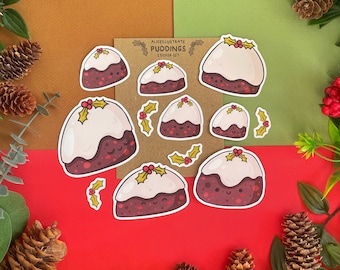 Christmas Pudding Sticker Pack - Holiday Festive Seasonal Food Winter Die Cut Kawaii Stickers - Bujo Planner Gift Bullet Journal & Laptop