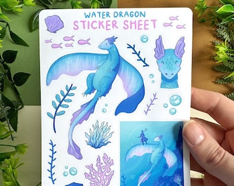 Sea Dragon Sticker Sheet - Magical Fantasy Water Ocean Stickers - Dnd TTRPG Gift - Aesthetic Bujo Scrapbook Bullet Journal Planner Stickers