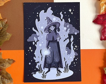 Halloween Witch Art Print - Dark Magic Witch Girl Fantasy Spooky Autumn Aesthetic Illustration Wall Art - Creepy Fall 5x7 or Postcard Print