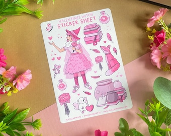 Cartela de Adesivos de Bruxa para o Dia dos Namorados - Estética de Amor, Romance e Kawaii - Adesivos Decorativos Ilustrados para Bujo, Scrapbook, Diário e Agenda