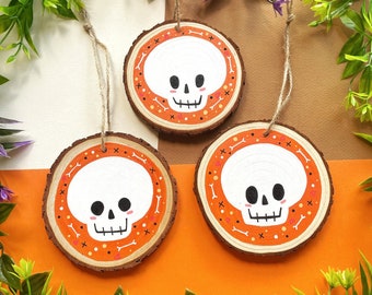 Skull Wood Slice - Original Wooden Kawaii Halloween Spooky Skeleton Cute Art Painting Character Illustration - Wall Art Gift