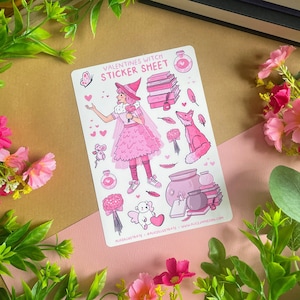 Feuille d'autocollants sorcière Saint-Valentin - Love Romance esthétique personnage mignon Kawaii - Stickers décoratifs illustrés Journal Bujo Scrapbooking