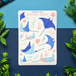 Manta Ray Sticker Sheet - Kawaii Animal Ocean Sea Stickers Illustration - Bujo Scrapbook Matte - Bullet Journal Diary