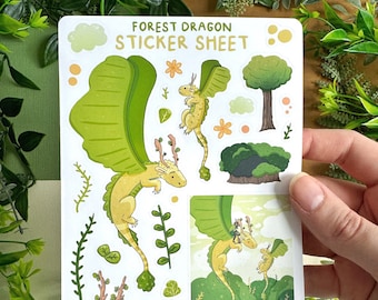 Forest Dragon Sticker Sheet - Magical Fantasy Nature Stickers - Dnd TTRPG Gift - Aesthetic Bujo Scrapbook Bullet Journal Planner Stickers