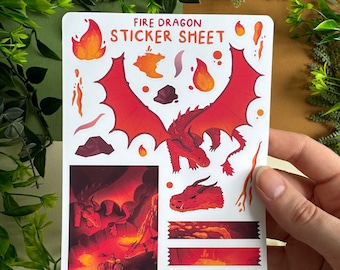 Fire Dragon Sticker Sheet - Magical Fantasy Draconic Stickers - Dnd TTRPG Gift - Bujo Scrapbook Bullet Journal Diary Decor Planner Stickers
