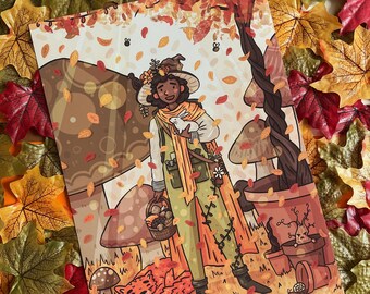 A4 Halloween Witch Art Print - Autumn Witch Girl Fantasy Spooky Autumn Aesthetic Illustration Wall Art - Cute Fall Wall Art Decor Print