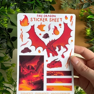 Foglio di adesivi del drago di fuoco - Adesivi draconici fantasy magici - Regalo D&D TTRPG - Adesivi per scrapbooking, bullet journal, diario, decorazioni e planner Bujo
