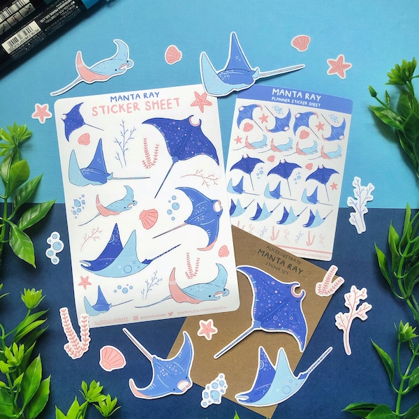 Manta Ray Sticker Pack - Kawaii Ocean Sea Animal Sticker Sheet Illustration - Bujo Matte Stickers - Bullet Journal Planner Diary