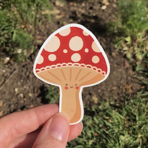 Vinyl Weather Resistant Happy Mushroom Sticker Die Cut Kawaii Illustration Sticker for Flask, Bottle, Scrapbook, Laptop more image 1