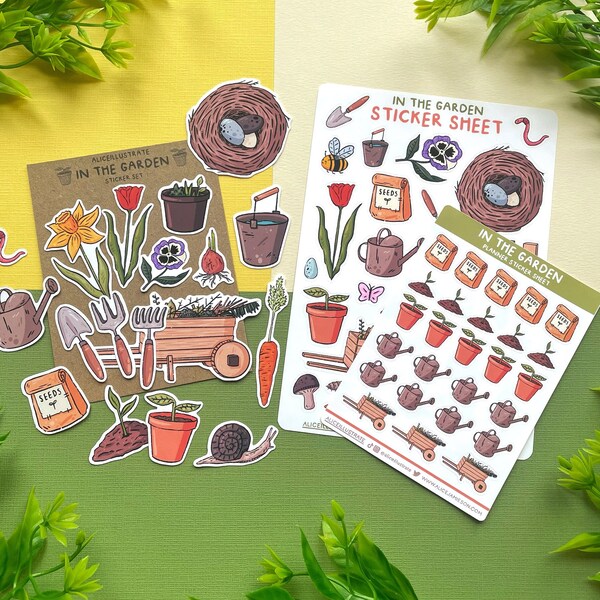 In The Garden Bumper Sticker Pack - Kawaii Gardening Sticker Sheet Illustration - Bujo Matte Stickers - Bullet Journal Planner Diary