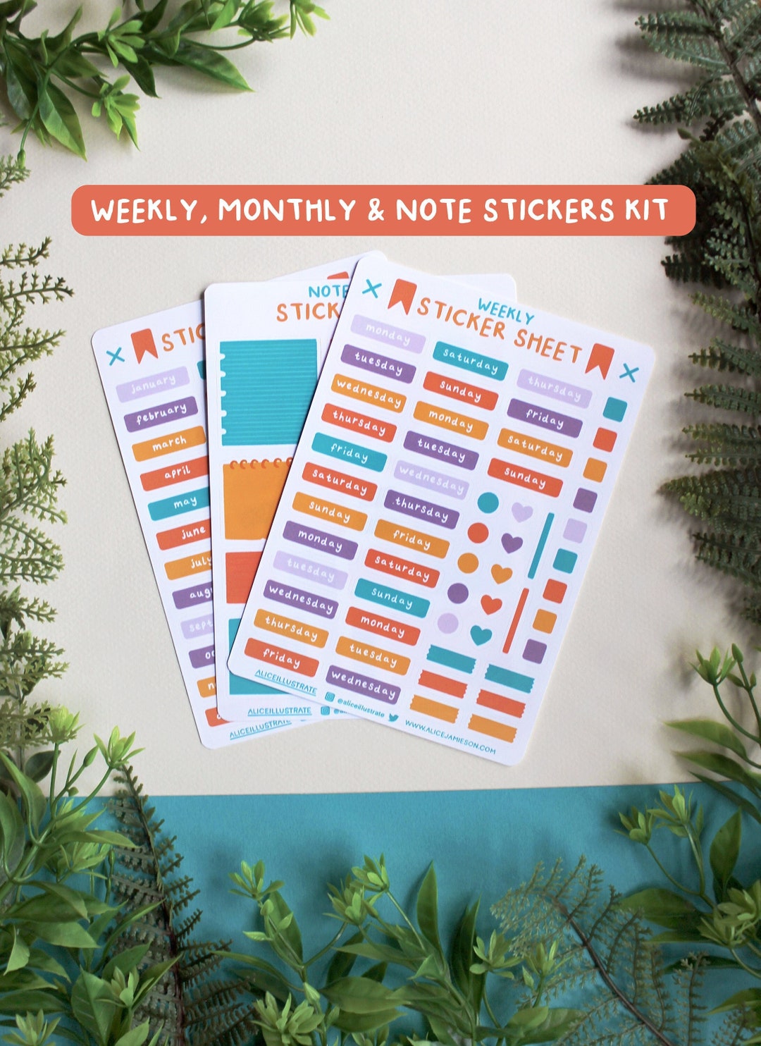 Planner Sticker Sheet Kit Weekly Monthly & Notes Orange Yellow Blue
