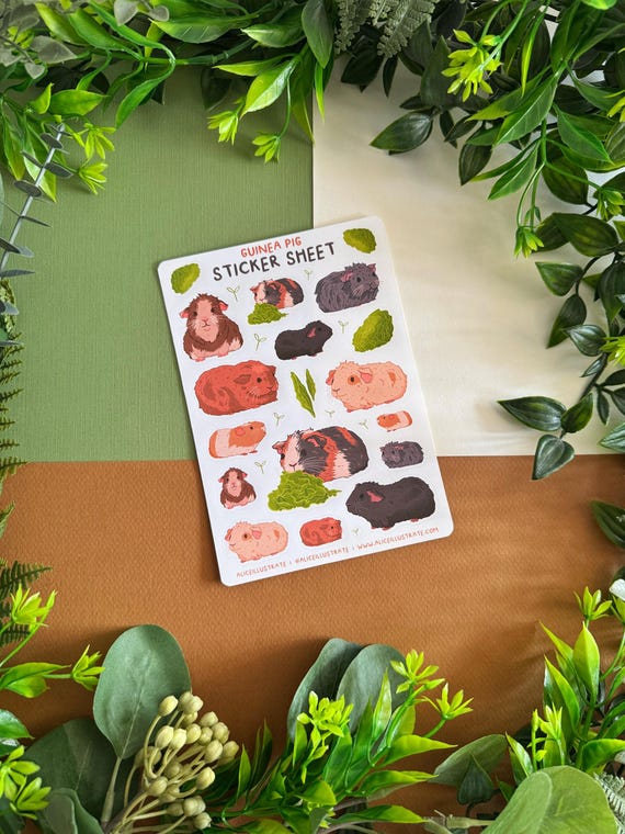 Guinea Pig Sticker Sheet - Kawaii Piggy Animal Pet Stickers Illustration - Bujo Scrapbook Matte - Bullet Journal Diary Decor Cottagecore