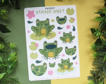 Froggy Sticker Sheet - Frog Kawaii Animal Stickers Illustration - Bujo Scrapbook Matte Stickers - Bullet Journal Diary