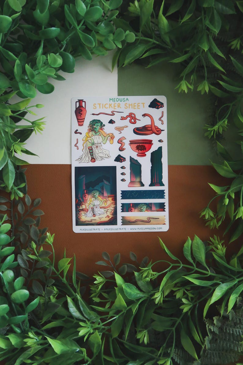 May include: A sticker sheet featuring illustrations of Medusa and related imagery. The sheet includes images of Medusa, snakes, Greek vases, and architectural elements. The text "MEDUSA STICKER SHEET" is at the top. The artist's website is at the bottom.