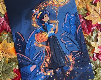 A4 Halloween Witch Art Print - Blue Witch Girl Fantasy Spooky Autumn Aesthetic Illustration Wall Art - Cute Fall Print