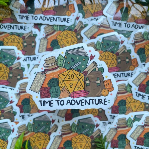 Time to Adventure Sticker Vinyl Weather Resistant Die Cut DnD Dungeons and Dragons Dice Kawaii Gift Illustration for Flask, Bottle, Laptop +