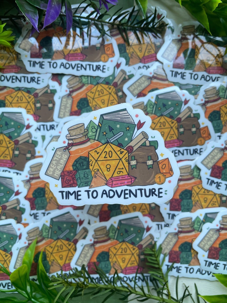 Time to Adventure Sticker Vinyl Weather Resistant Die Cut DnD Dungeons and Dragons Dice Kawaii Gift Illustration for Flask, Bottle, Laptop image 1