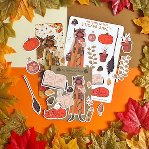 Paquete de parachoques de bruja de otoño - Pegatinas y marcador - Regalo de hoja de vibraciones de otoño estética de otoño de Halloween - Diario planificador de diario de balas de la naturaleza