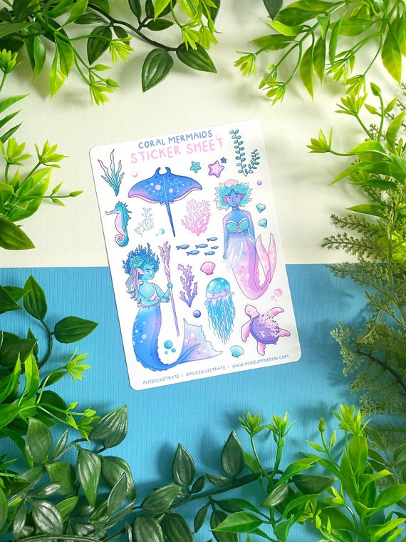 Mermaid Sticker Sheet | Ocean Fantasy Magical Kawaii Stickers | Coral Blue Cute Sticker for Scrapbook, Bullet Journal, Diary, Planner etc