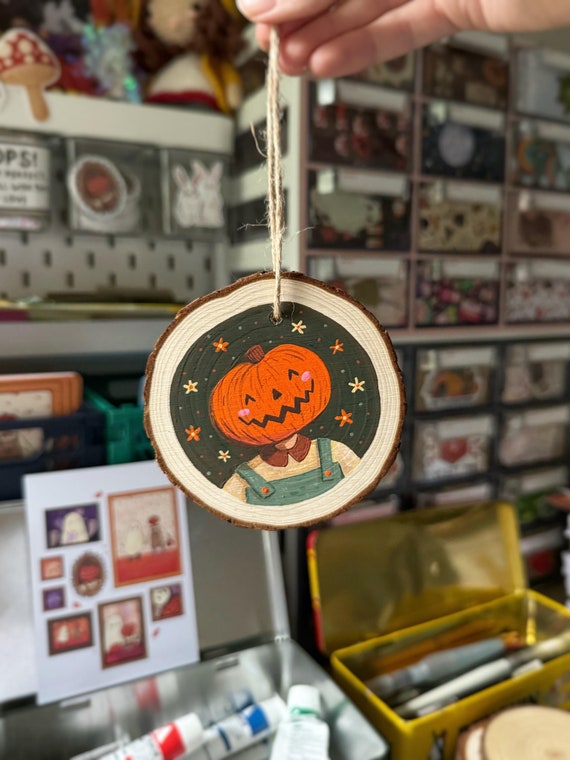 Pumpkin Wood Slice - Original Wooden Halloween Painting - Spooky Cute Pumpkin Head Art - Character Illustration - Wall Art Gift Autumn Decor