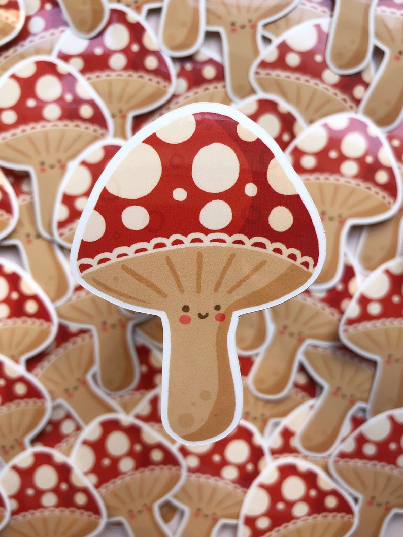 Vinyl Weather Resistant Happy Mushroom Sticker Die Cut Kawaii Illustration Sticker for Flask, Bottle, Scrapbook, Laptop more image 2